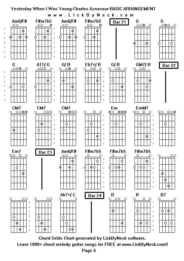 Chord Grids Chart of chord melody fingerstyle guitar song-Yesterday When I Was Young-Charles Aznavour-BASIC ARRANGEMENT,generated by LickByNeck software.